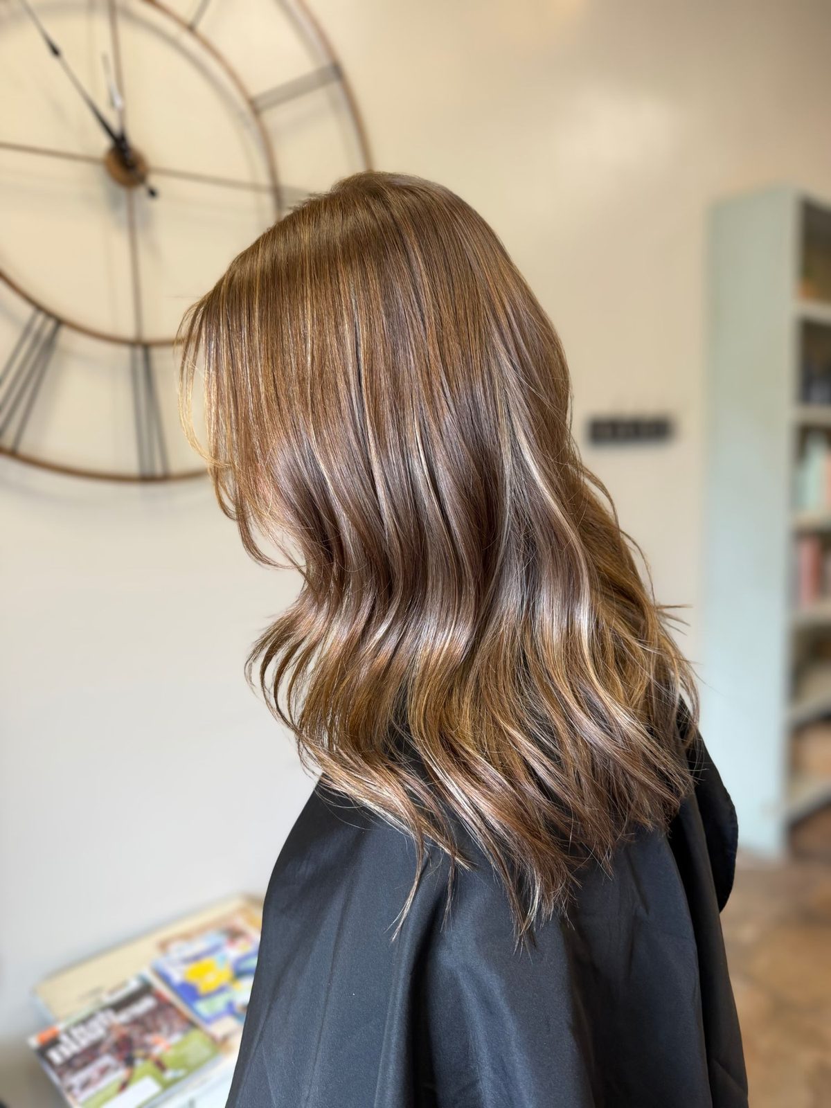 Warm brunette with caramel babylights and glossy waves — Logan, Utah